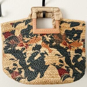 ANTIK CRAFT x‎ ANTHROPOLOGIE | Floral Pallavi Jute Tote Bag Suede Wood Handles